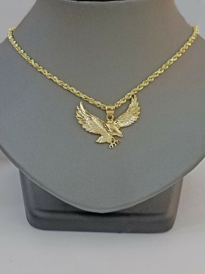 10k Gold Men Eagle Charm Pendant 2.5mm Rope Chain 18" 20" 22" 24" 26" 28" - Reva Jeweler