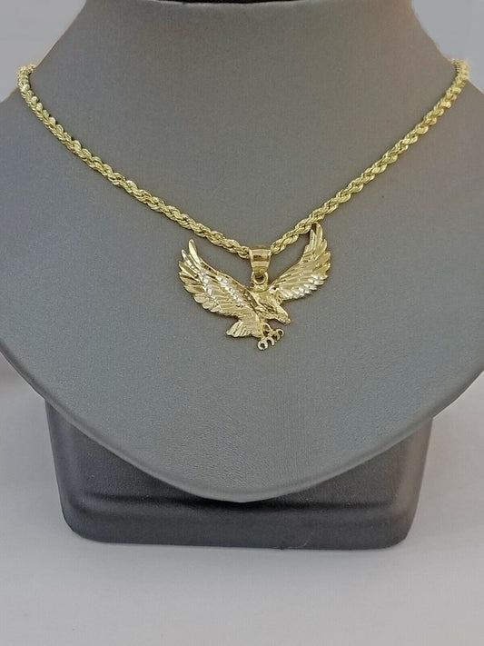 10k Gold Men Eagle Charm Pendant 2.5mm Rope Chain 18" 20" 22" 24" 26" 28" - Reva Jeweler