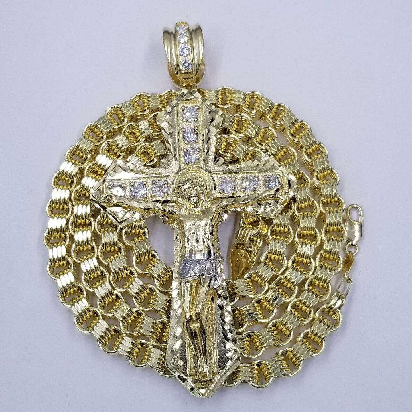 10k Gold Mens Byzantine Box Necklace 26" Cross Charm Pendant Jesus - Reva Jeweler