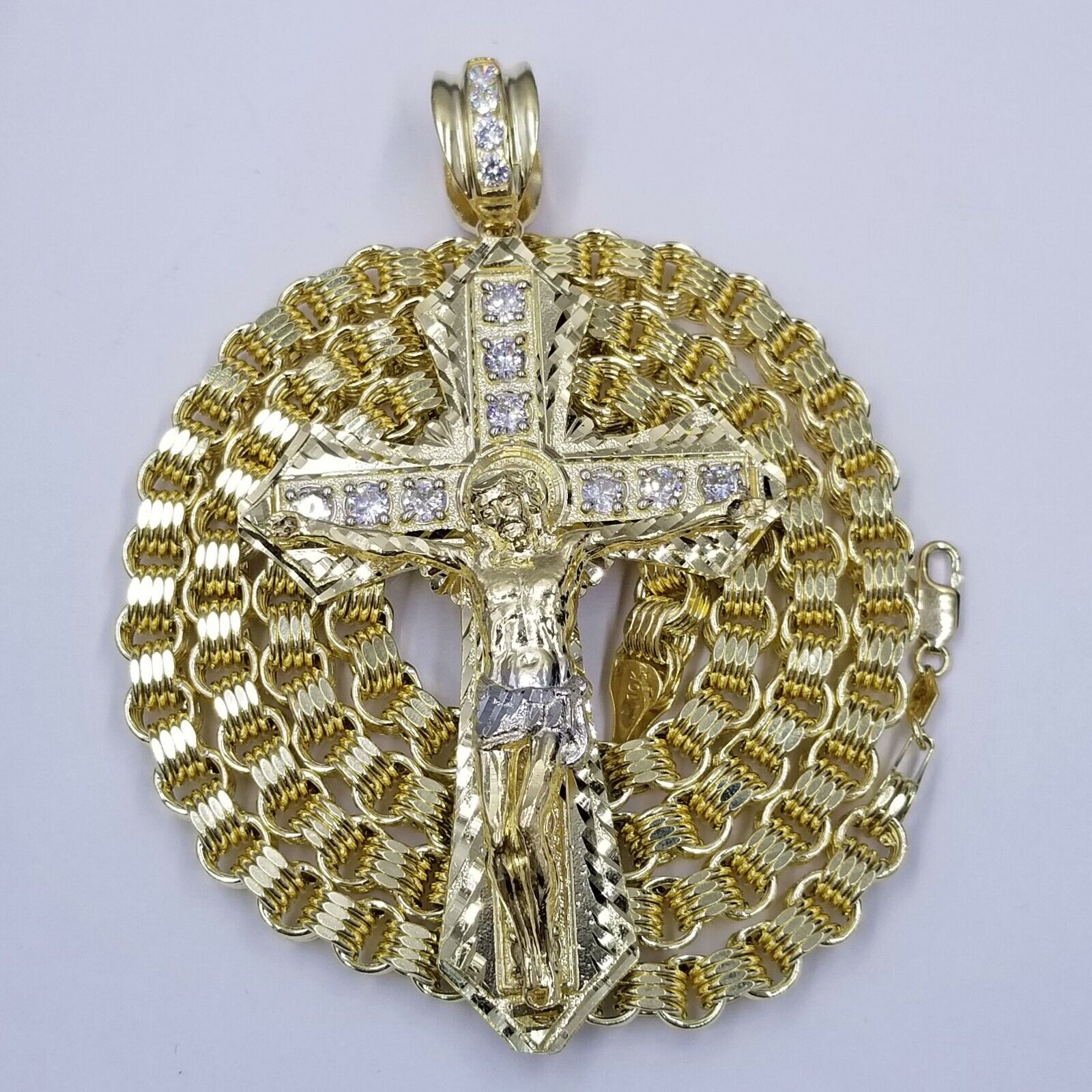 10k Gold Mens Byzantine Box Necklace 26" Cross Charm Pendant Jesus - Reva Jeweler