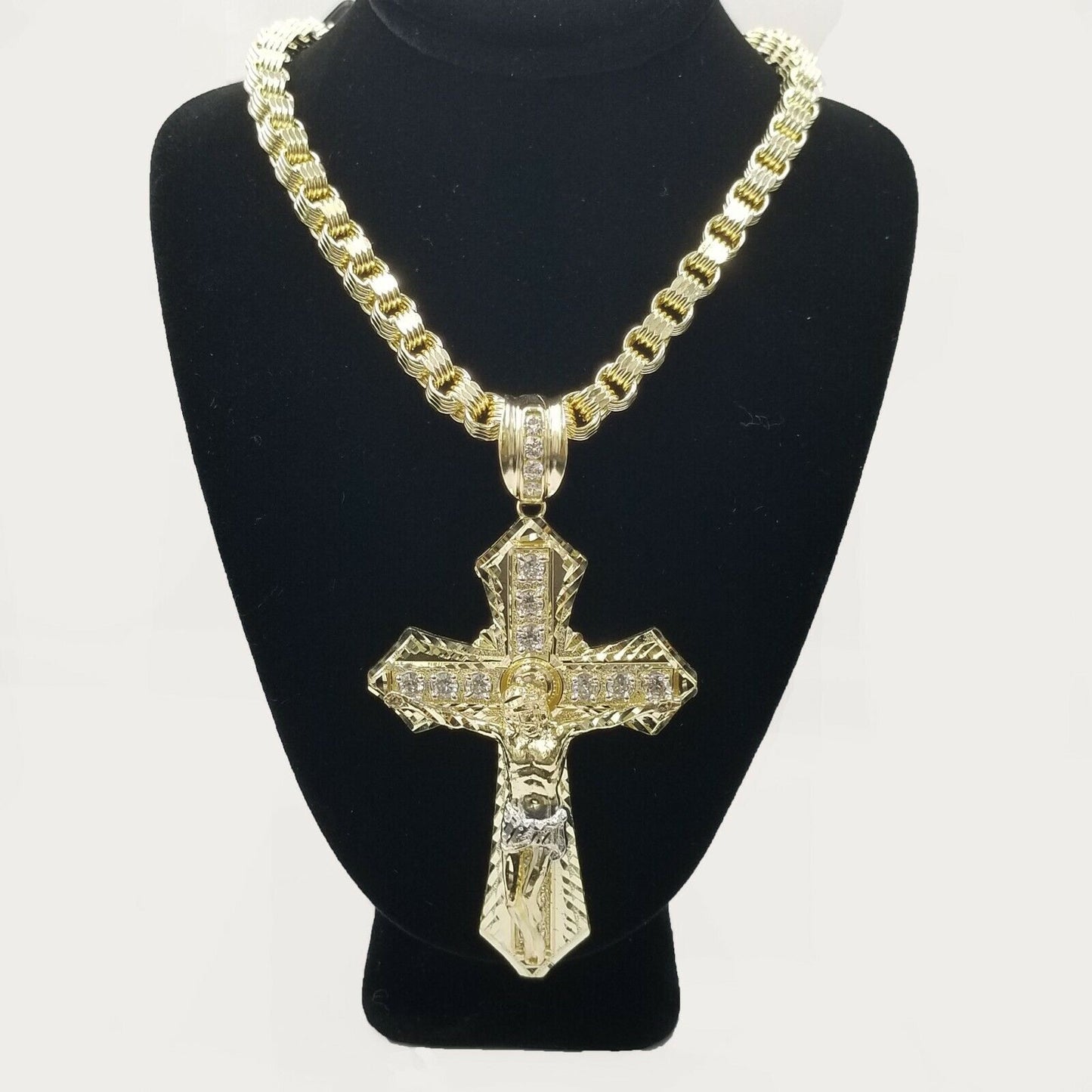 10k Gold Mens Byzantine Box Necklace 26" Cross Charm Pendant Jesus - Reva Jeweler