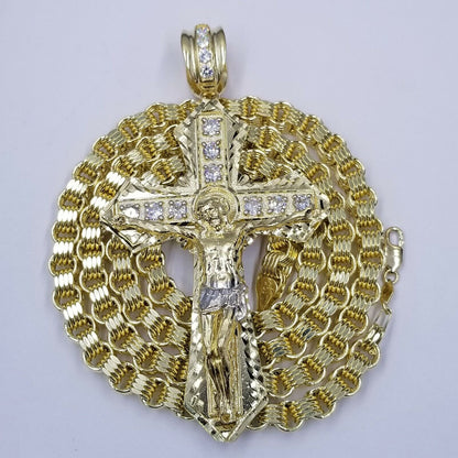 10k Gold Mens Byzantine Box Necklace 26" Cross Charm Pendant Jesus - Reva Jeweler