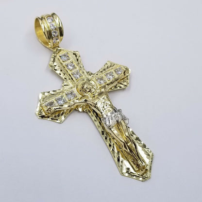 10k Gold Mens Byzantine Box Necklace 26" Cross Charm Pendant Jesus - Reva Jeweler