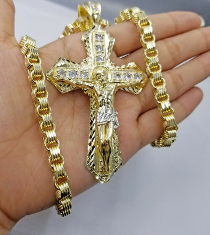 10k Gold Mens Byzantine Box Necklace 8mm 26" AND Cross - Reva Jeweler