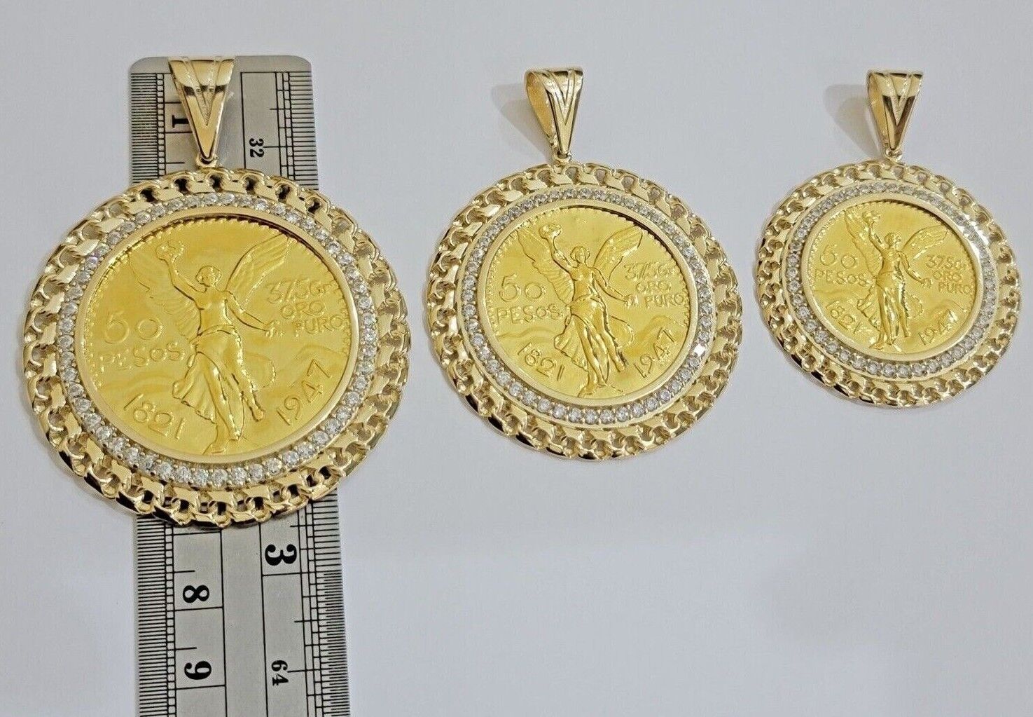 10k Gold Mexican Centenario Copy Coin Charm 50 Pesos Bezel 10kt Pendant Replica - Reva Jeweler