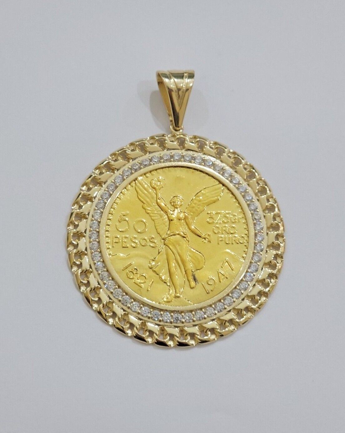 10k Gold Mexican Centenario Copy Coin Charm 50 Pesos Bezel 10kt Pendant Replica - Reva Jeweler