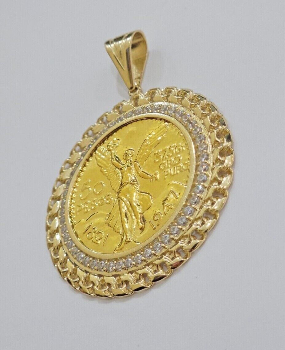 10k Gold Mexican Centenario Copy Coin Charm 50 Pesos Bezel 10kt Pendant Replica - Reva Jeweler