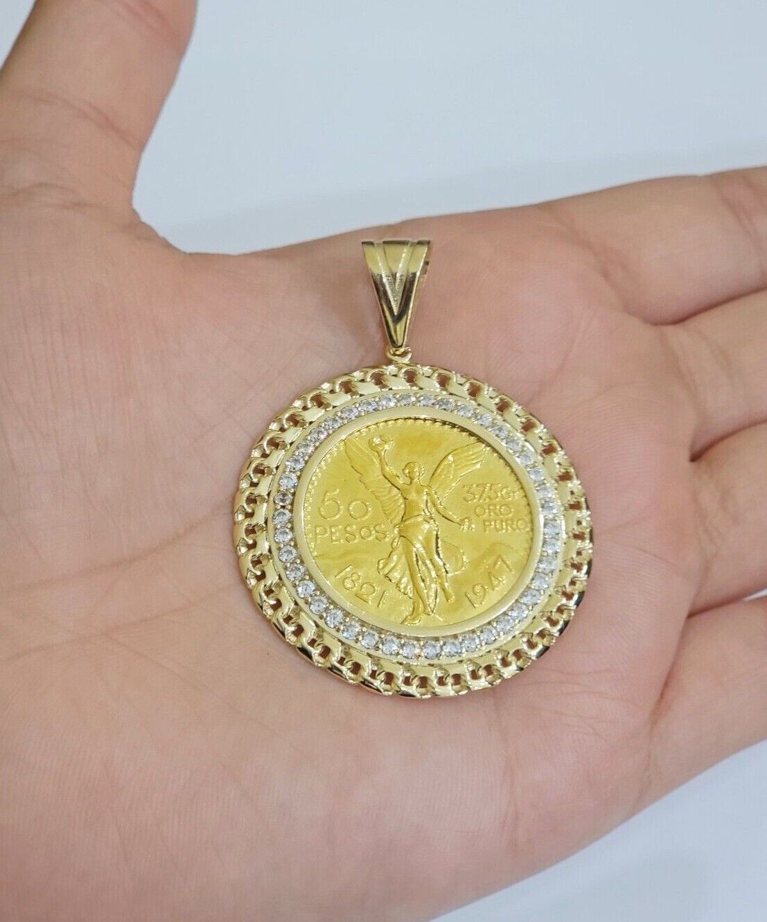 10k Gold Mexican Centenario Copy Coin Charm 50 Pesos Bezel 10kt Pendant Replica - Reva Jeweler