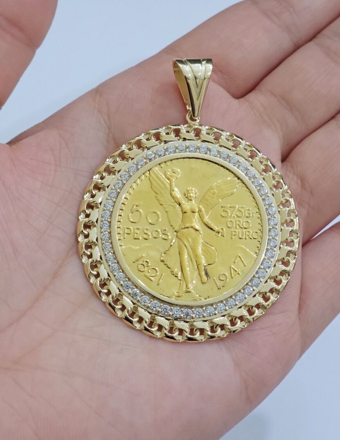 10k Gold Mexican Centenario Copy Coin Charm 50 Pesos Bezel 10kt Pendant Replica - Reva Jeweler
