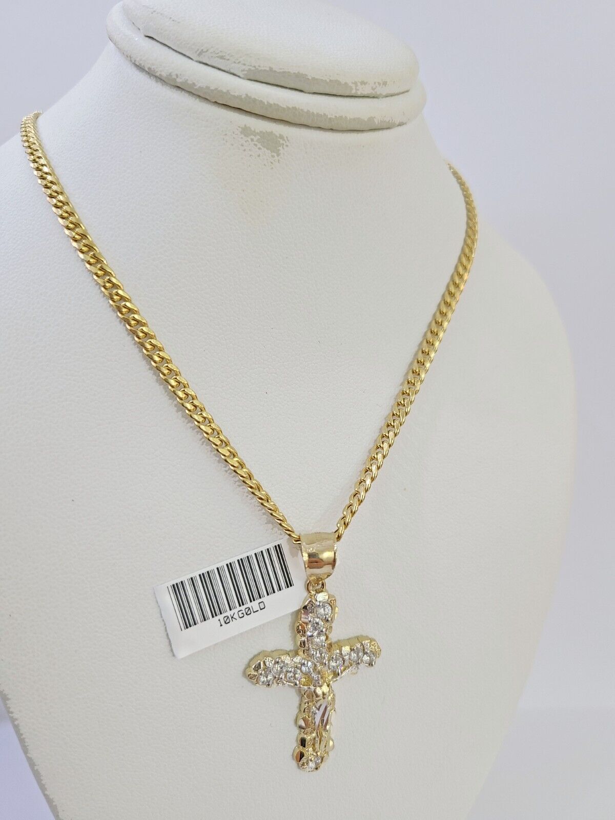 10K Gold Miami Cuban Chain 3mm Length 18" 20" 22" 24" 26" & Cross Charm SET - Reva Jeweler