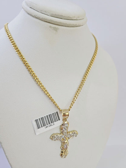 10K Gold Miami Cuban Chain 3mm Length 18" 20" 22" 24" 26" & Cross Charm SET - Reva Jeweler