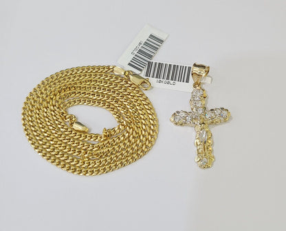 10K Gold Miami Cuban Chain 3mm Length 18" 20" 22" 24" 26" & Cross Charm SET - Reva Jeweler