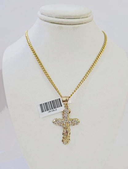10K Gold Miami Cuban Chain 3mm Length 18" 20" 22" 24" 26" & Cross Charm SET - Reva Jeweler