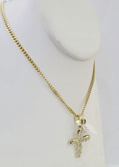 10k Gold Miami Cuban Chain & Cross Charm \ Pendent SET 3mm 20 Inches Necklace - Reva Jeweler