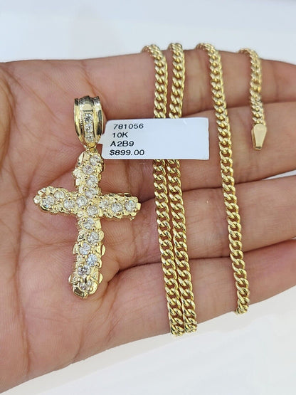 10k Gold Miami Cuban Chain & Cross Charm \ Pendent SET 3mm 20 Inches Necklace - Reva Jeweler