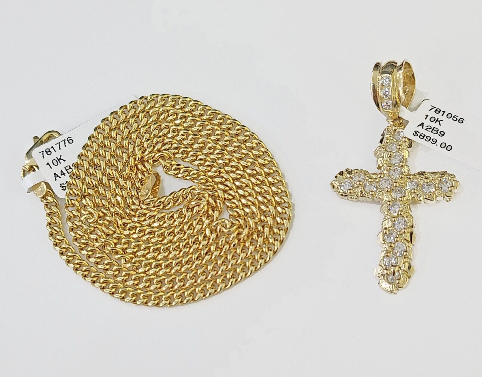 10k Gold Miami Cuban Chain & Cross Charm \ Pendent SET 3mm 20 Inches Necklace - Reva Jeweler