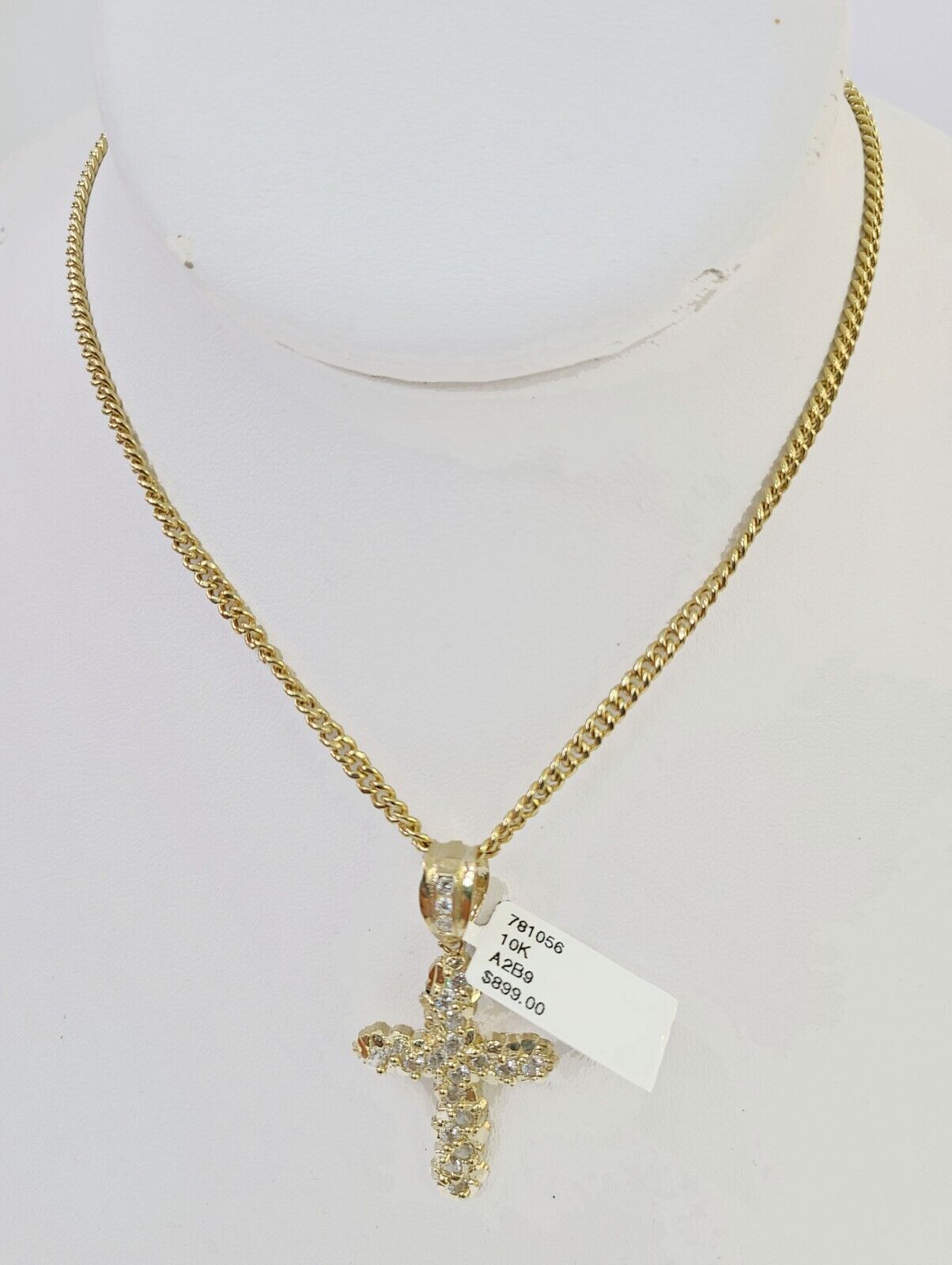 10k Gold Miami Cuban Chain & Cross Charm \ Pendent SET 3mm 20 Inches Necklace - Reva Jeweler