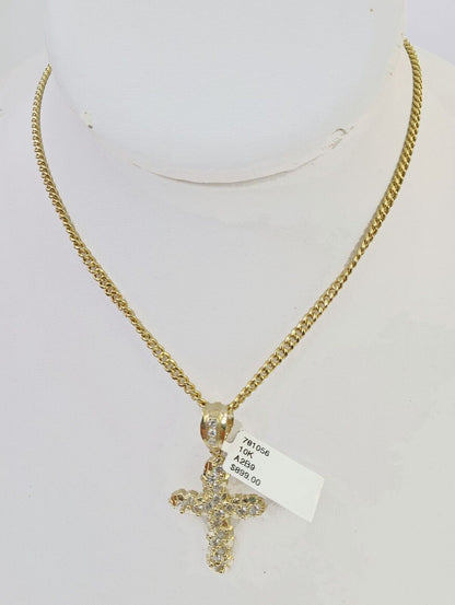 10k Gold Miami Cuban Chain & Cross Charm \ Pendent SET 3mm 20 Inches Necklace - Reva Jeweler
