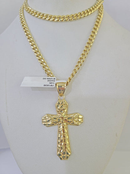 10K Gold Miami Cuban Chain Jesus Cross Charm Length 18" - 26" 4mm REAL Yellow - GoldenlinQ