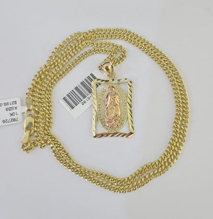 10K Gold Miami Cuban Chain Virgin Mary Charm 20" - 28" 3mm REAL Pendant - GoldenlinQ