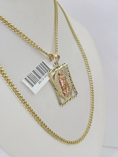 10K Gold Miami Cuban Chain Virgin Mary Charm 20" - 28" 3mm REAL Pendant - GoldenlinQ