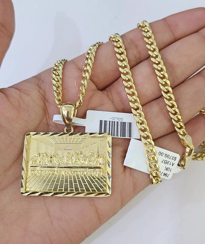 10k Gold Miami Cuban Link Chain Necklace 5mm & Last Supper Charm Pendant 18" - 26" - Reva Jeweler