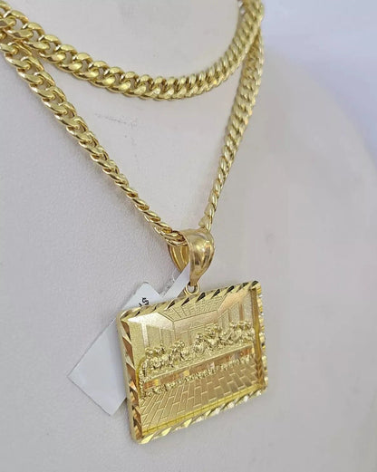 10k Gold Miami Cuban Link Chain Necklace 5mm & Last Supper Charm Pendant 18" - 26" - Reva Jeweler