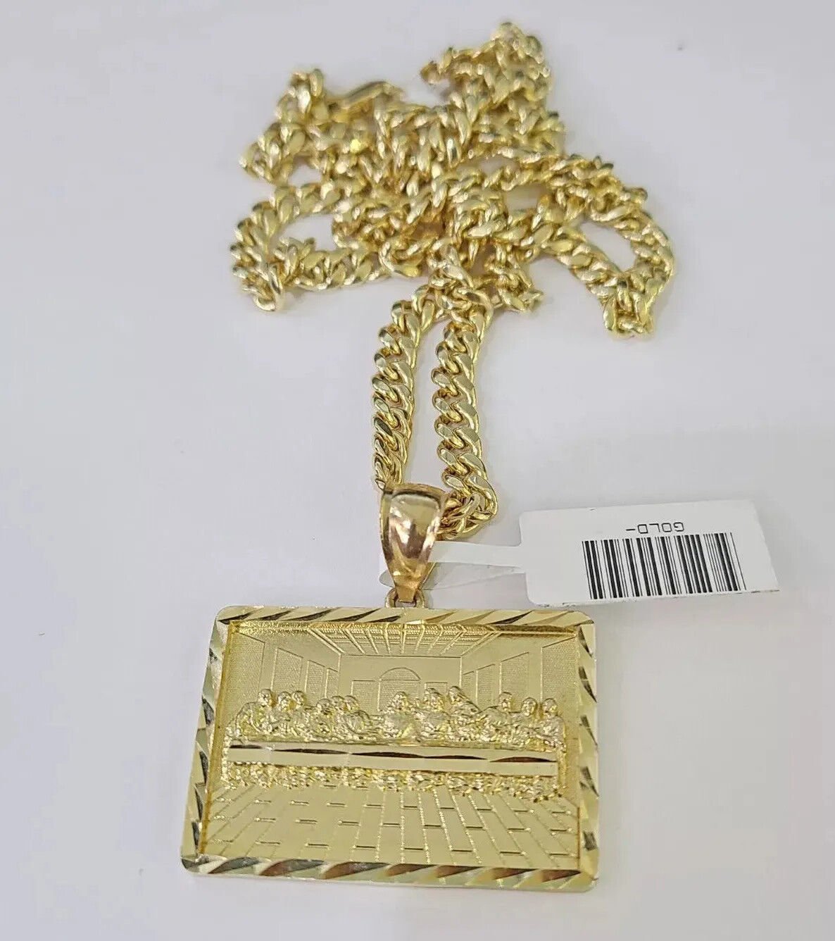 10k Gold Miami Cuban Link Chain Necklace 5mm & Last Supper Charm Pendant 18" - 26" - Reva Jeweler