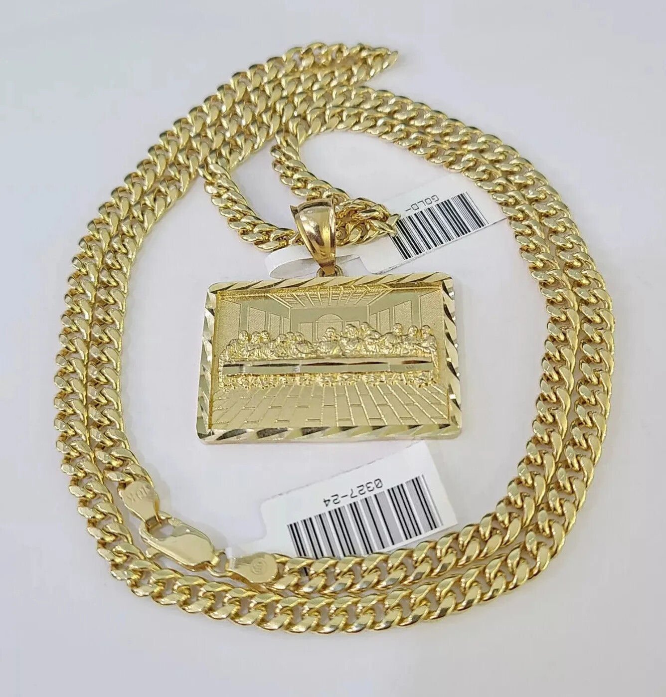 10k Gold Miami Cuban Link Chain Necklace 5mm & Last Supper Charm Pendant 18" - 26" - Reva Jeweler