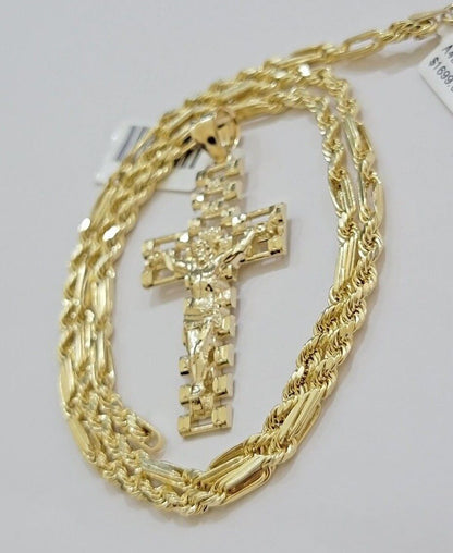 10k Gold Milano Rope Chain Jesus Cross Charm Pendant Set 18 - 24'' Inches Necklace - Reva Jeweler