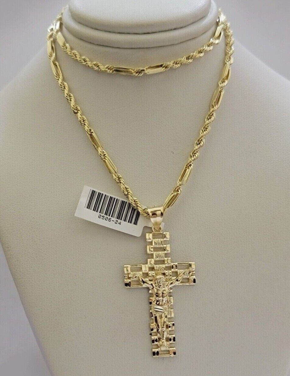 10k Gold Milano Rope Chain Jesus Cross Charm Pendant Set 18 - 24'' Inches Necklace - Reva Jeweler