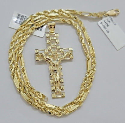 10k Gold Milano Rope Chain Jesus Cross Charm Pendant Set 18 - 24'' Inches Necklace - Reva Jeweler