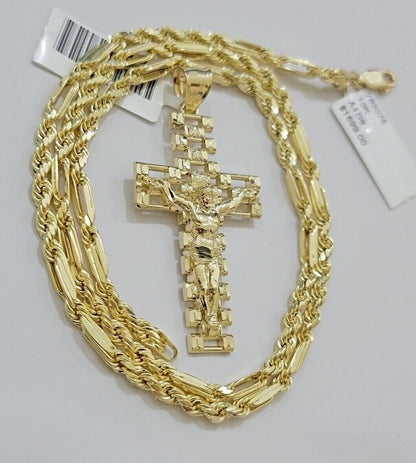 10k Gold Milano Rope Chain Jesus Cross Charm Pendant Set 18 - 24'' Inches Necklace - Reva Jeweler