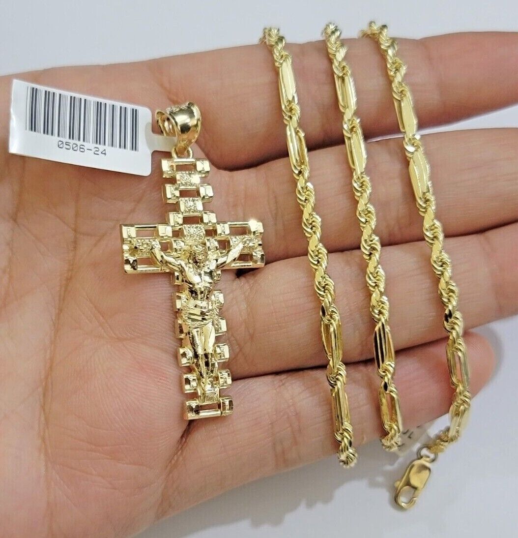 10k Gold Milano Rope Chain Jesus Cross Charm Pendant Set 18 - 24'' Inches Necklace - Reva Jeweler