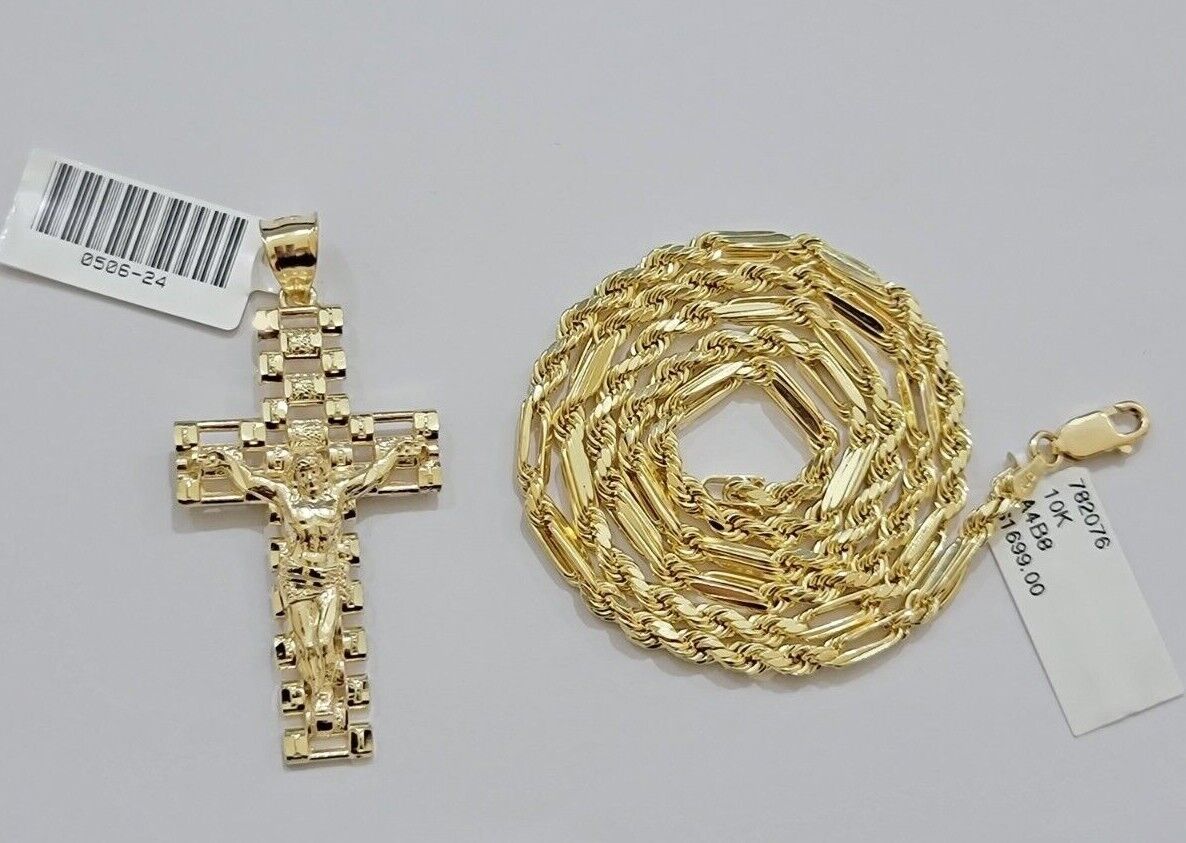 10k Gold Milano Rope Chain Jesus Cross Charm Pendant Set 18 - 24'' Inches Necklace - Reva Jeweler