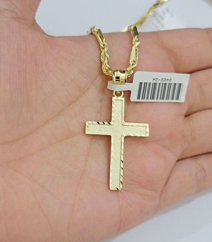 10k Gold Milano Rope Chain Plain Cross Charm Pendant Set 18 - 24'' Inches Necklace - Reva Jeweler