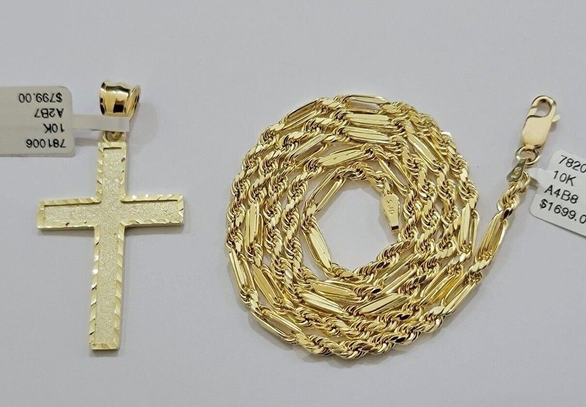 10k Gold Milano Rope Chain Plain Cross Charm Pendant Set 18 - 24'' Inches Necklace - Reva Jeweler