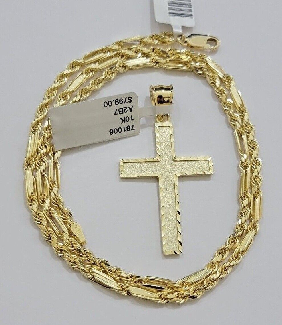 10k Gold Milano Rope Chain Plain Cross Charm Pendant Set 18 - 24'' Inches Necklace - Reva Jeweler