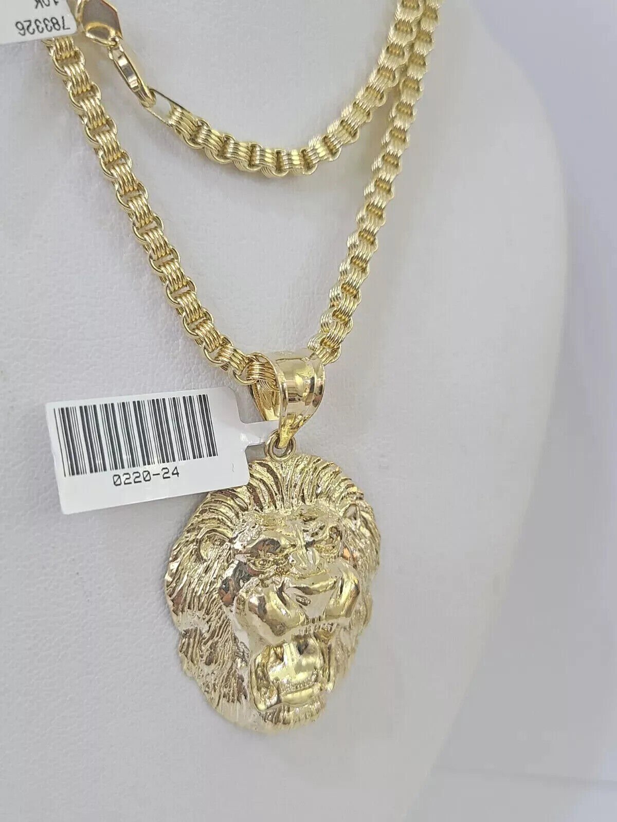 10k Gold Necklace & Lion charm Pendant REAL 10kt Men's Byzantine Chain Charm SET - Reva Jeweler