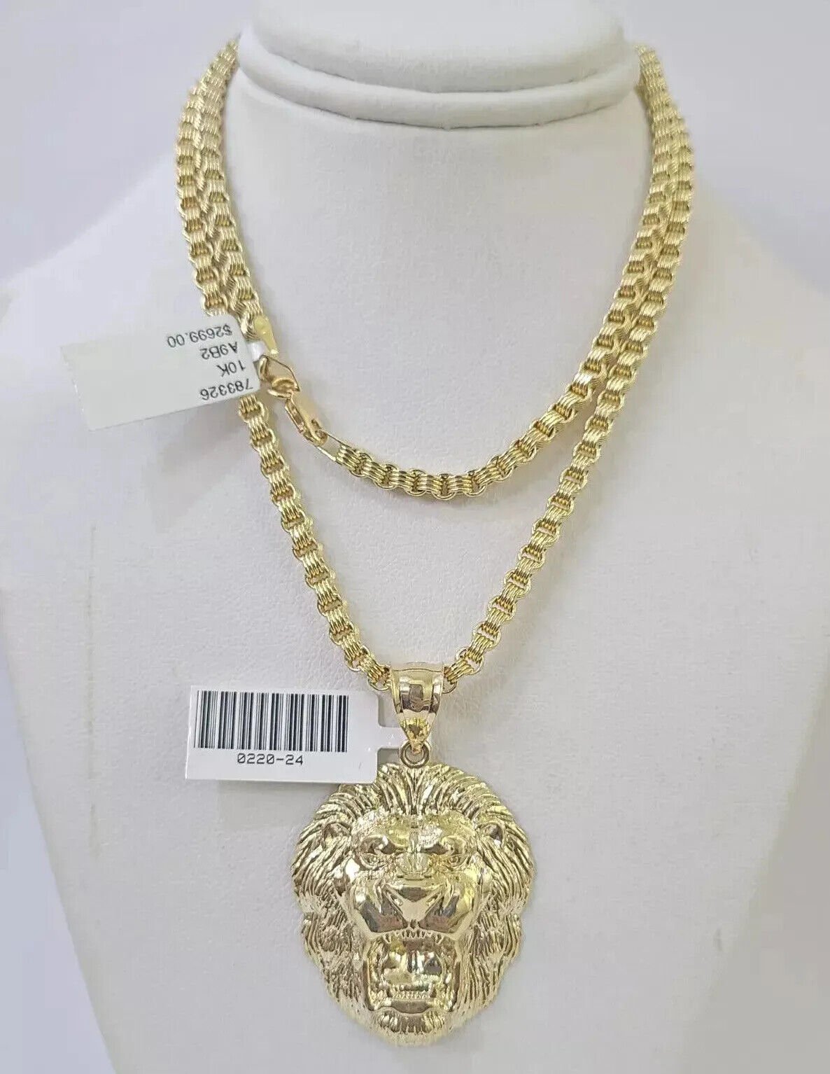 10k Gold Necklace & Lion charm Pendant REAL 10kt Men's Byzantine Chain Charm SET - Reva Jeweler