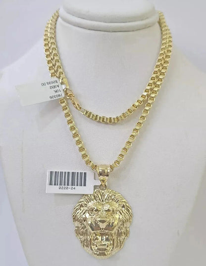 10k Gold Necklace & Lion charm Pendant REAL 10kt Men's Byzantine Chain Charm SET - Reva Jeweler
