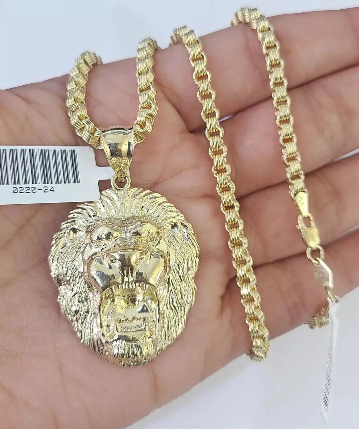 10k Gold Necklace & Lion charm Pendant REAL 10kt Men's Byzantine Chain Charm SET - Reva Jeweler