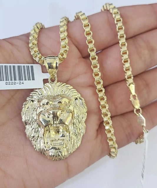 10k Gold Necklace & Lion charm Pendant REAL 10kt Men's Byzantine Chain Charm SET - Reva Jeweler