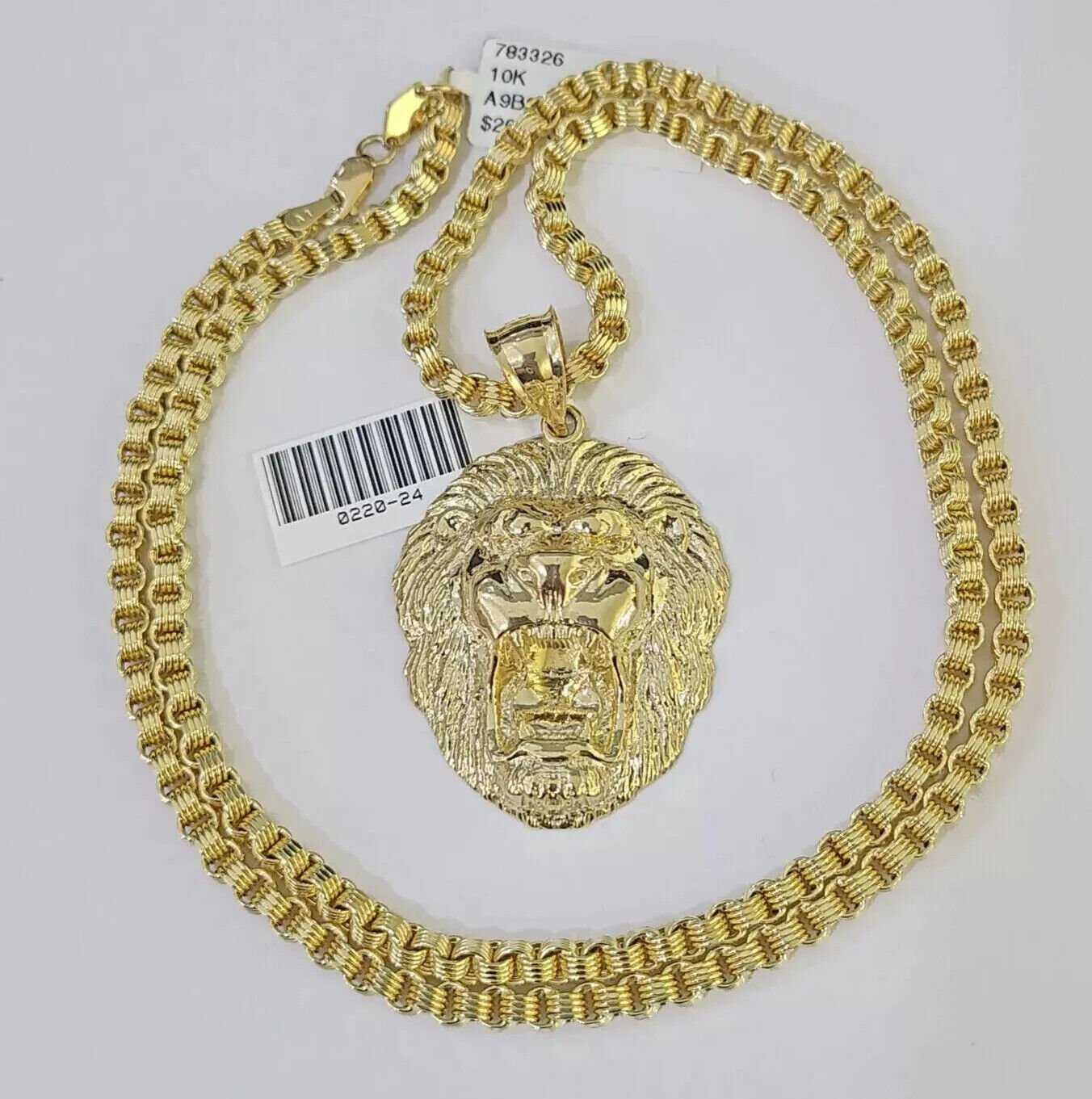 10k Gold Necklace & Lion charm Pendant REAL 10kt Men's Byzantine Chain Charm SET - Reva Jeweler