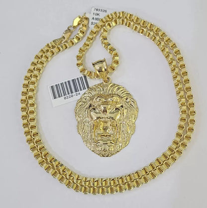 10k Gold Necklace & Lion charm Pendant REAL 10kt Men's Byzantine Chain Charm SET - Reva Jeweler