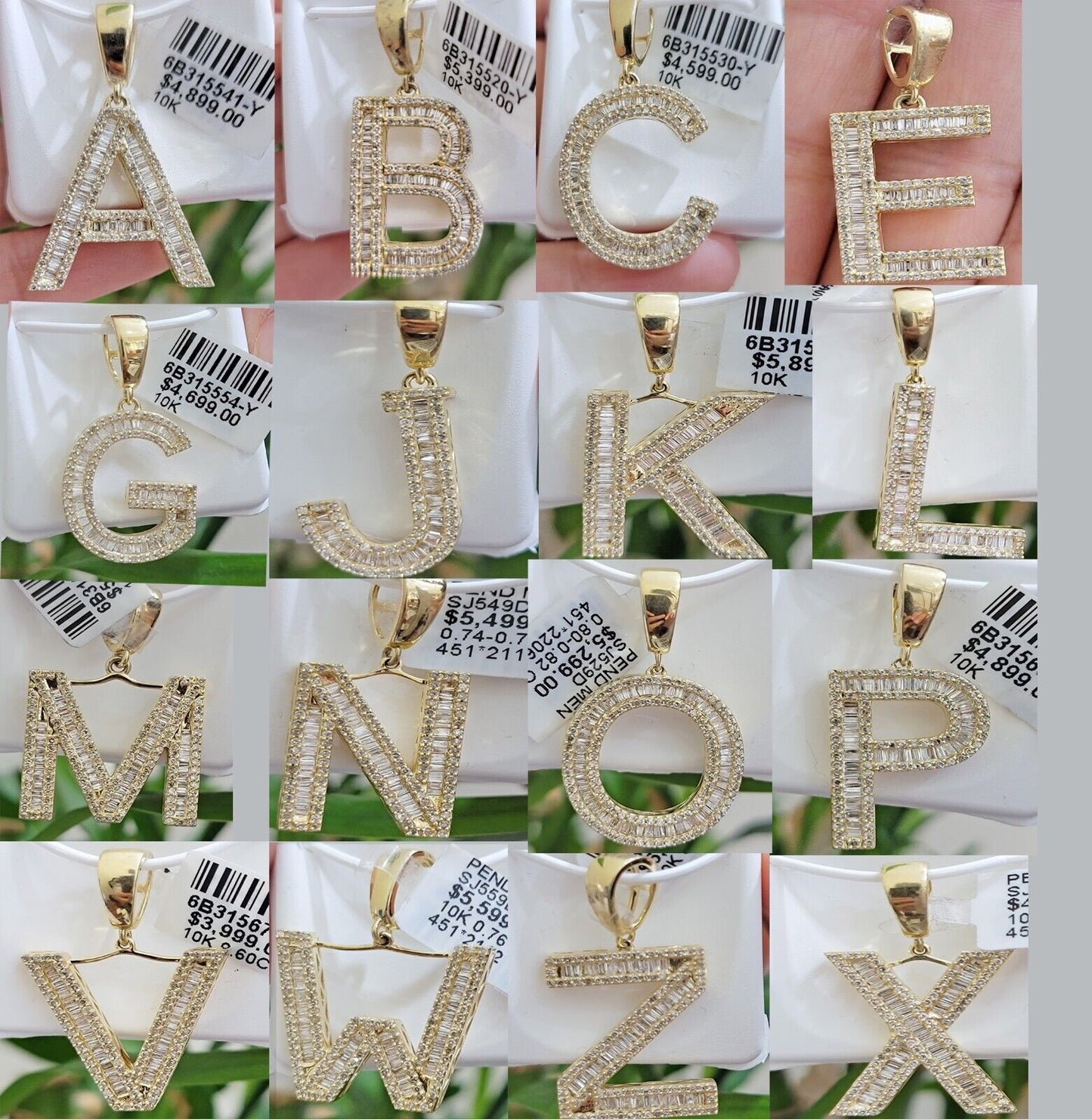 10k Gold Pendant Initial Charm Natural Diamond A - Z Alphabet Baguette & Round Dia - Reva Jeweler