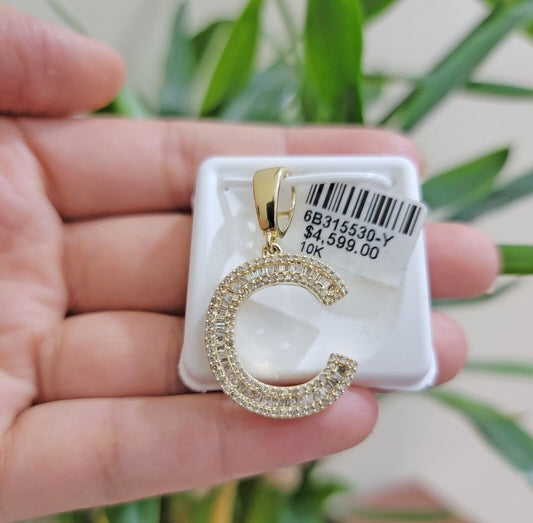 10k Gold Pendant Initial Charm Natural Diamond A - Z Alphabet Baguette & Round Dia - Reva Jeweler