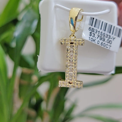 10k Gold Pendant Initial Charm Natural Diamond A - Z Alphabet Baguette & Round Dia - Reva Jeweler