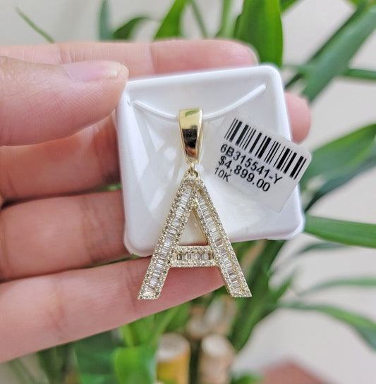 10k Gold Pendant Initial Charm Natural Diamond A - Z Alphabet Baguette & Round Dia - Reva Jeweler