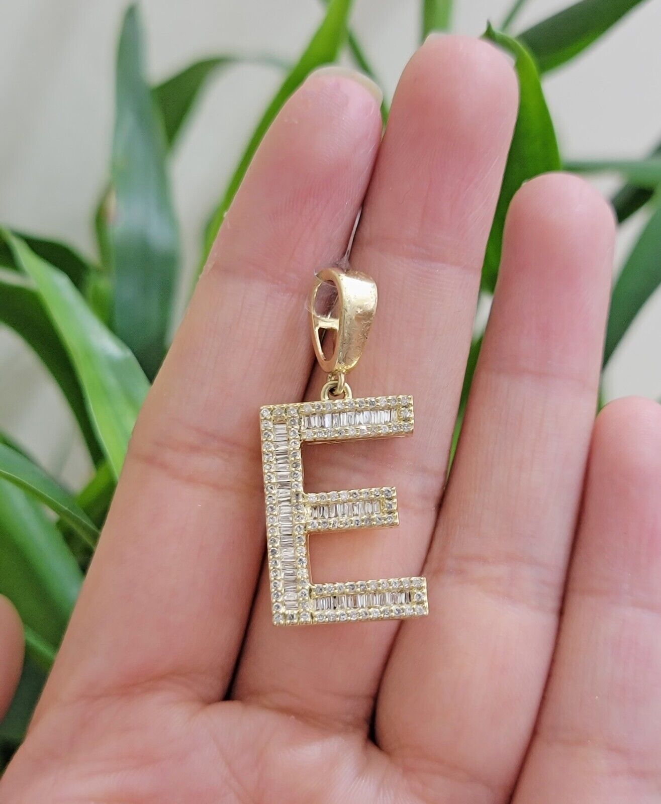 10k Gold Pendant Initial Charm Natural Diamond A - Z Alphabet Baguette & Round Dia - Reva Jeweler